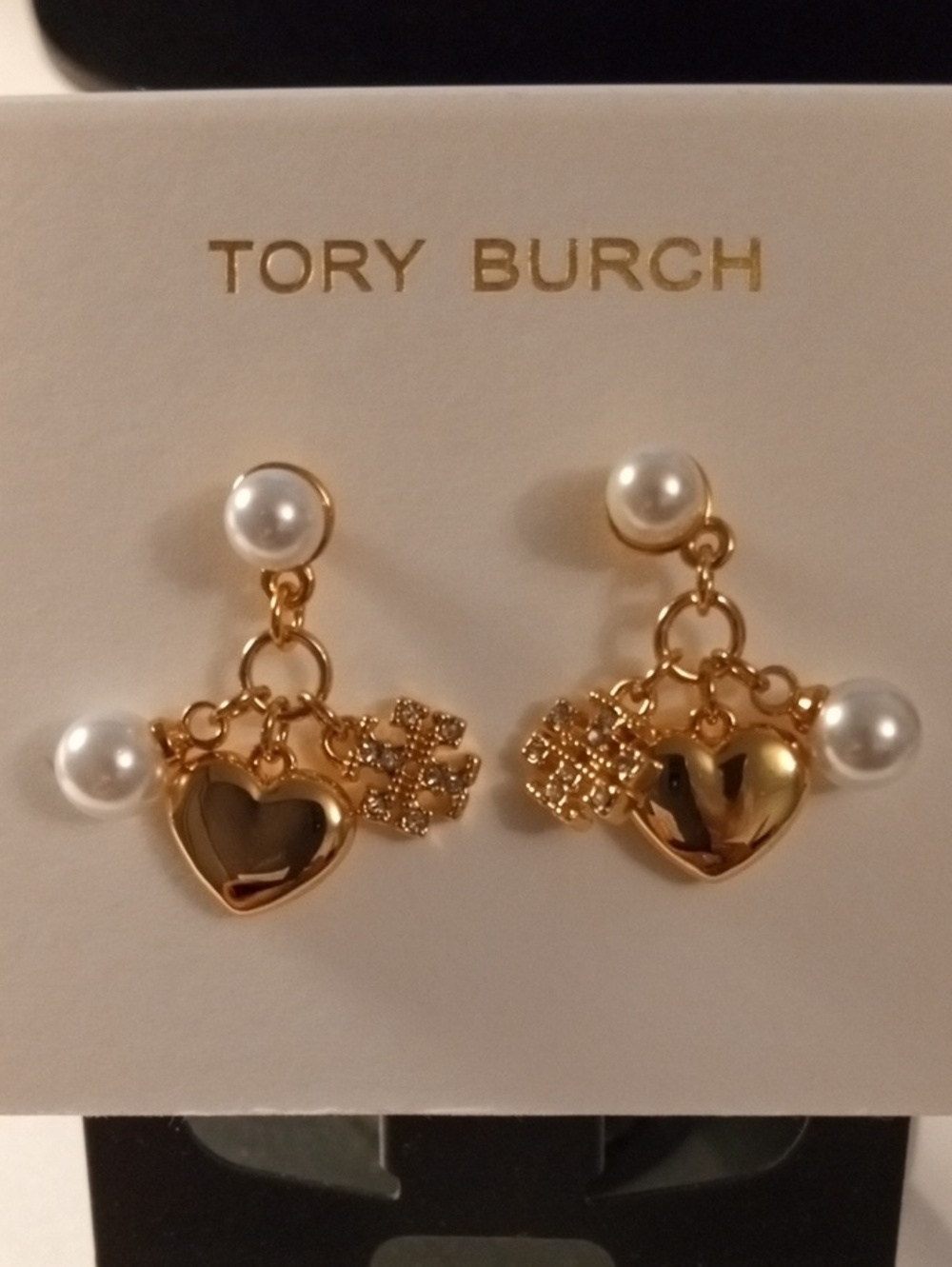 Tory Burch Gold Heart and Pearl Charm Drop Earrings - Picture 2 of 6